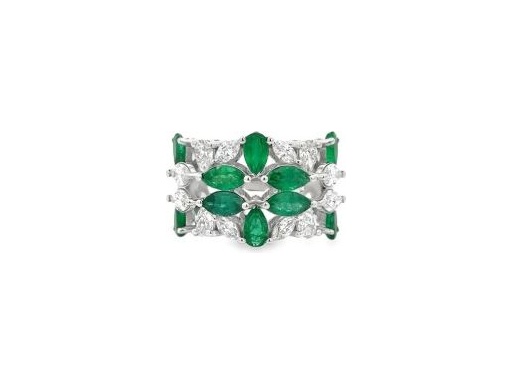 18K White Gold Natural Emerald Marquise and Pear Shape with Natural Diamonds Ring